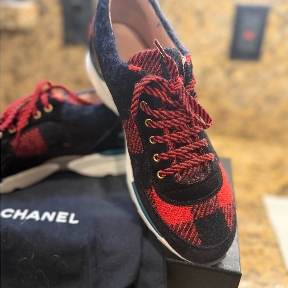 Chanel Red and Black Sneakers with Knit Pattern